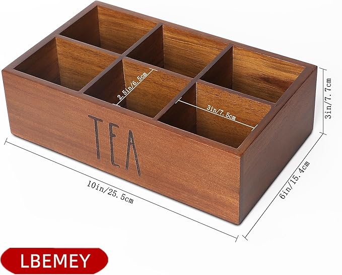 Tea Bag Organizer,Acacia Wood Tea Storage Containers with 6 Compartments, Sugar Packet Holder,Tea Bag Caddy Box for Cabinet Countertop Office (Brown- Labeled TEA)