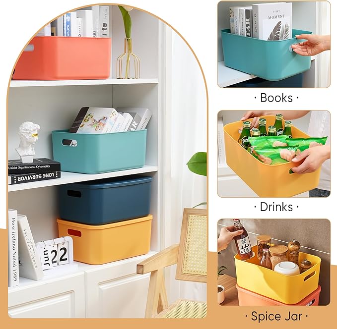 Plastic Storage Bins with Lid, Stackable Storage Containers for Organizing, Decorative Storage Baskets for Shelves Living Room Playroom Classroom Office (Medium (4 PCS))