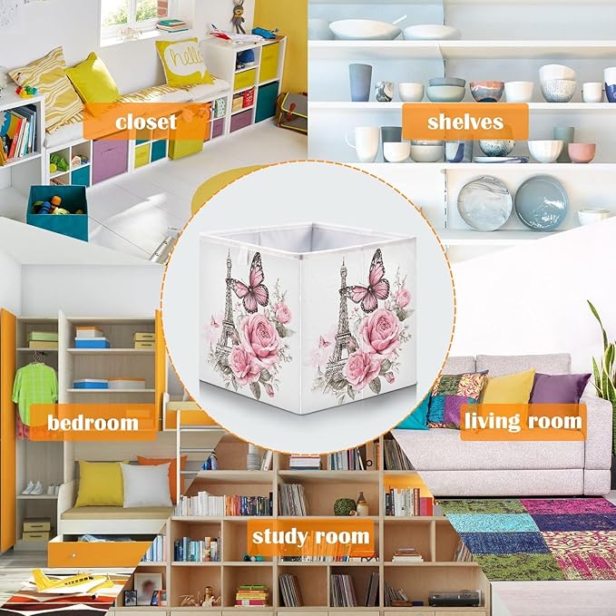 Bolaz Bow Flower Eiffel Tower Closet Organizers Storage Cubes Storage Bins Shelf Baskets Containers for Home Room Office,Square