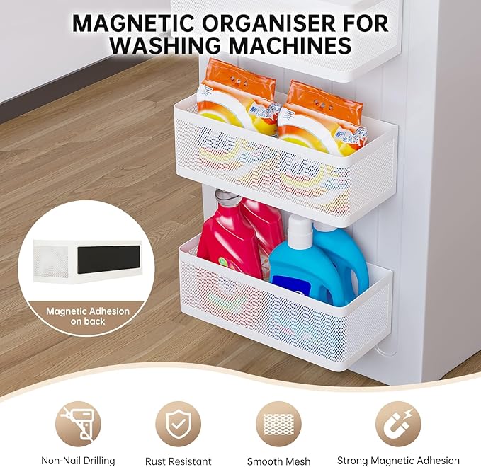 Magnetic Shelf for Washing Machine Laundry Room Magnetic Organizer Laundry Shelf Organizer Washing Machine Shelf Hanging Basket Storage Magnetic Fridge Shelves (White, L11in*W4.9in*H3.9in)