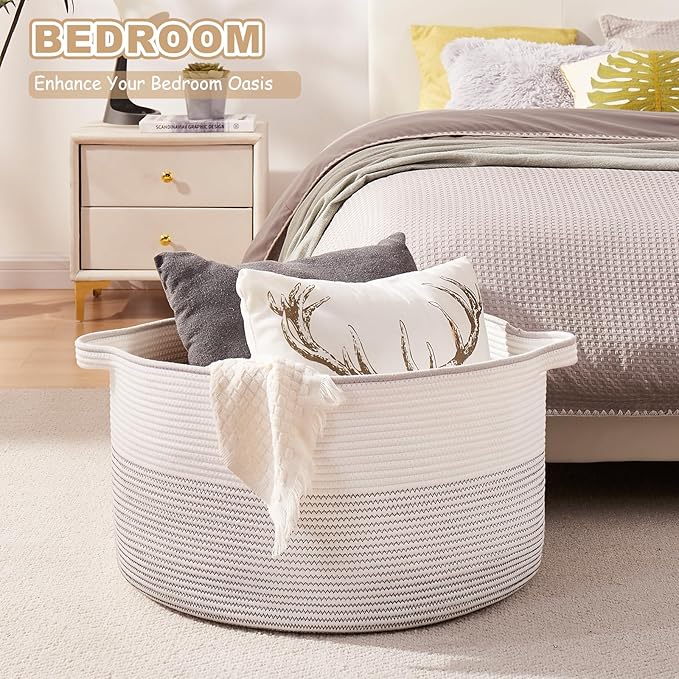 Large Blanket Basket with Handles, 22.8" x 22.8" x 13" Woven Storage Basket for Living Room, Cotton Rope Baby Toy Storage for Clothes, Pillows, Towels-Black and White