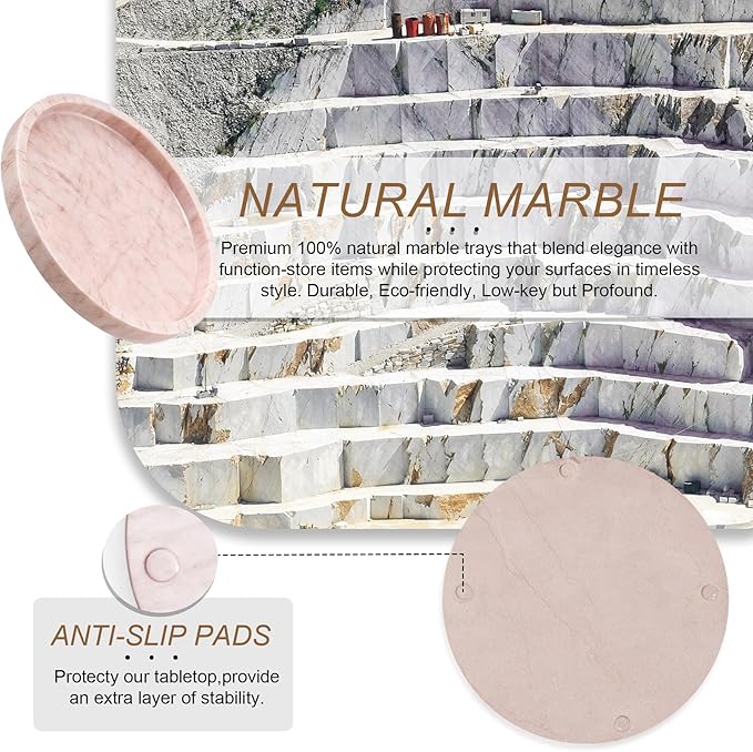 Natural Marble Tray, Round Pink Tray for Bedroom/Bathroom/Kitchen/Vanity Countertop, Jewelry Tray for Rings Earrings Necklace Bracelet Watch, Room Decor Aesthetic