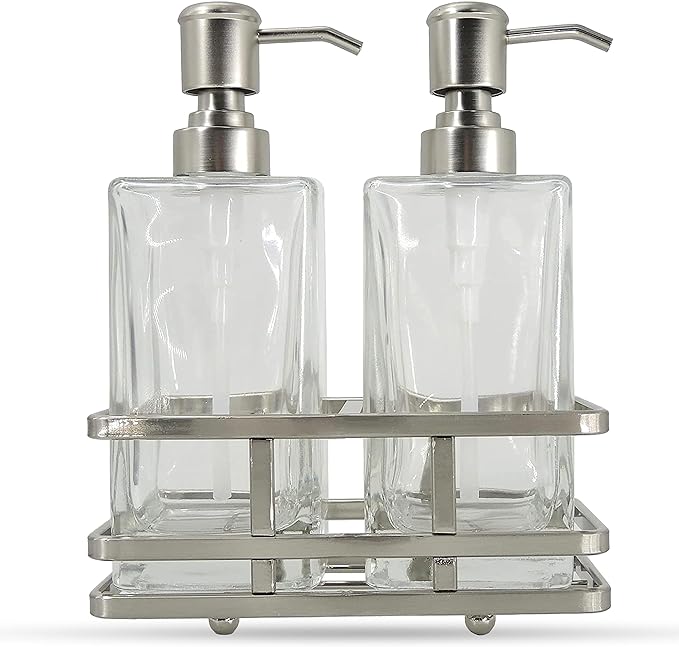 Square Glass Clear Lotion and Soap Pump Dispenser Set with Metal Stand Caddy for Bathroom Bath Kitchen Home Office Travel Hotel Hand Crafted Heavy Weight Nickel