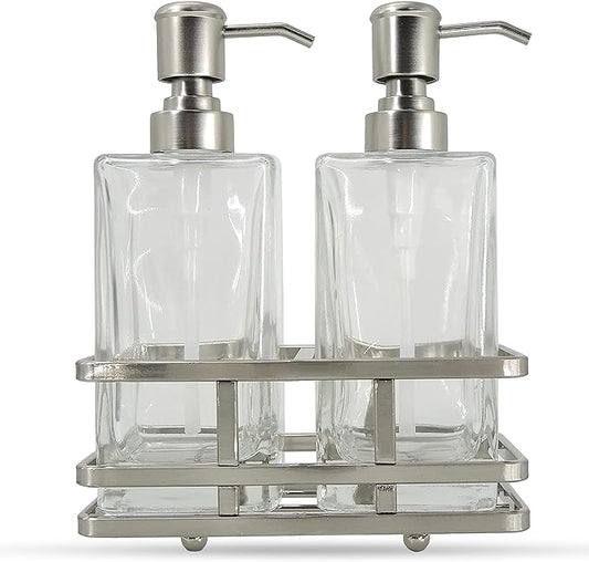 Square Glass Clear Lotion and Soap Pump Dispenser Set with Metal Stand Caddy for Bathroom Bath Kitchen Home Office Travel Hotel Hand Crafted Heavy Weight Nickel