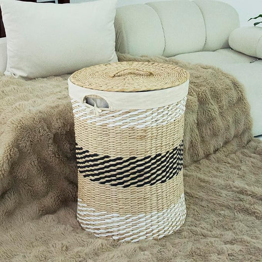 Hand-Woven Wicker Laundry Basket with Lid, 20 Gal (75 L) Large Laundry Hamper with Removable Liner for Laundry Room and Home Decor, Artisan Multicolor (21"H x 15.7"D)