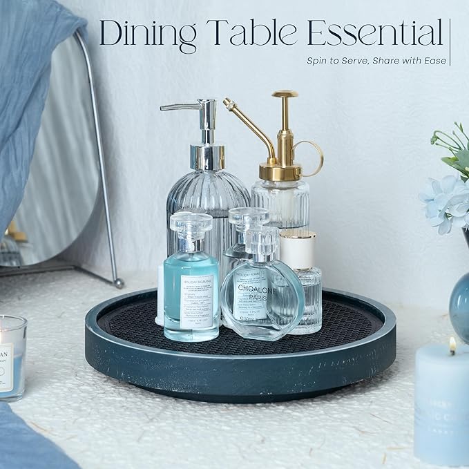 Pine Wood Non-Skid Lazy Susan Organizer Turntable for Bathroom Tray â 10.5" Lazy Susan Turntable for Cabinet, Kitchen Decor & Coffee Table with Rubber Mat - Ideal Coffee Bar Accessories (Blue)