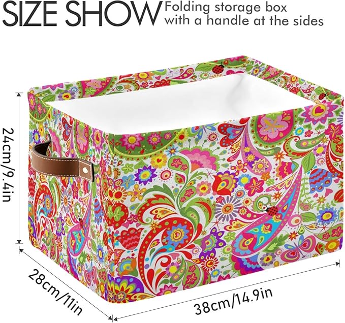 AUUXVA Storage Basket Colorful Paisley Flower Floral Storage Cube Box Durable Canvas Collapsible Toy Basket Organizer Bin with Handles for Shelf Closet Bedroom Home Office