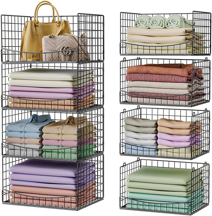 JKsmart 4-Tier Stackable Closet Organizers and Storage Shelves, Extend Clothing Closet Shelf Bins for Jeans Pants Sweaters - Wardrobe Cupboard Clothes Organizer System-Wider Mouth Design