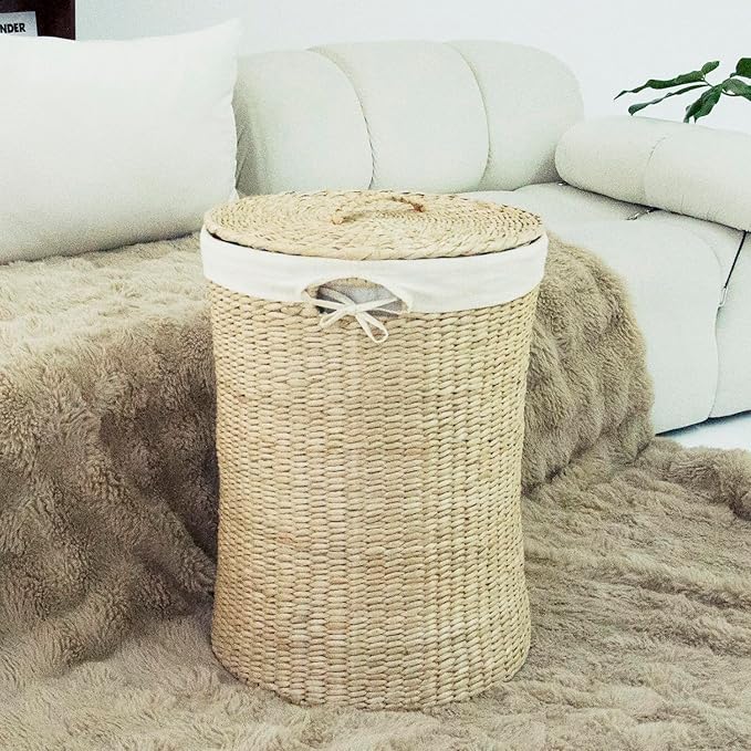 Hand-Woven Wicker Laundry Basket with Lid, 20 Gal (75 L) Large Laundry Hamper with Removable Liner for Laundry Room and Home Decor, Artisan Natural (21"H x 15.7"D)