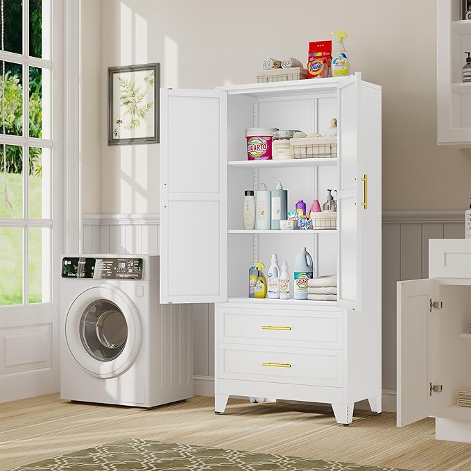71" Tall Metal Pantry Cabinet, Steel Storage Cabinets with 2 Doors, 2 Adjustable Shelf and 2 Drawers, Used as Kitchen Cabinet, Freestanding Cupboard for Kitchen, Office, Living Room (White)
