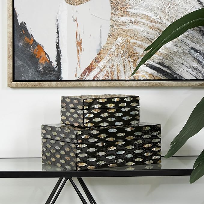 Deco 79 Mother of Pearl Shell Decorative Box Geometric Floral Decorative Keepsake Boxes with Beige Accents, Set of 2 Storage Boxes 12", 8"W, Black