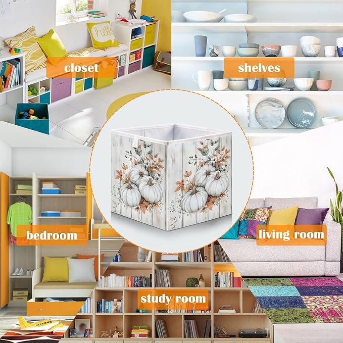 Bolaz White Pumpkin Wood Closet Organizers Storage Cubes Storage Bins Shelf Baskets Containers for Home Room Office,Square