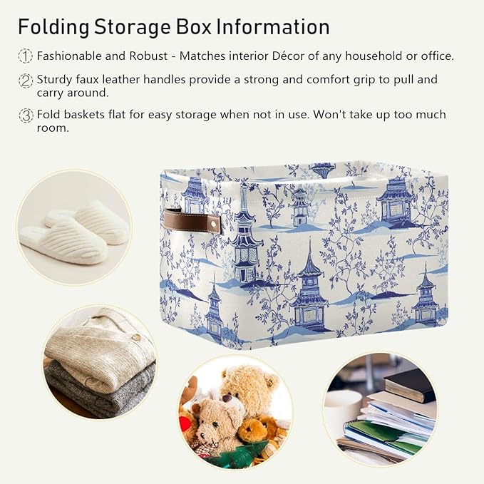 susiyo Large Closet Storage Bin Pagodas Chinoiserie Fabric Storage Baskets Collapsible Decorative Baskets Organizing Basket Bin with PU Handles for Shelves Home Closet Bedroom Living Room-2Pack