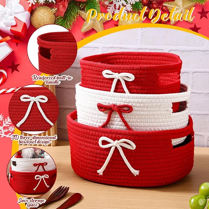 Breling 3 Pieces Valentine's Day Gift Basket Coquette Bow Laundry Hamper Cotton Rope Storage Woven Rope Bin with Handles for Decoration Organization Storage for Nursery, Pet Toy Basket(Red, White)