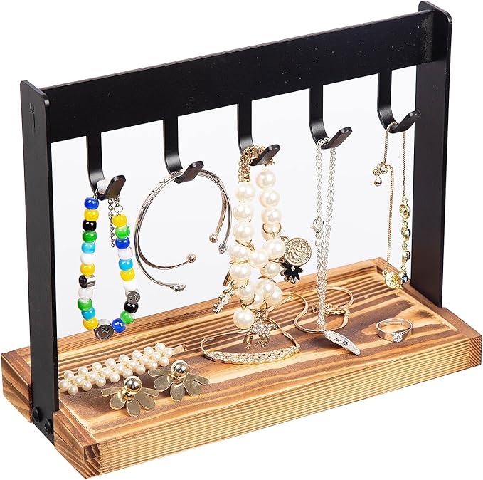 Metal 5-Hook Table Key Holder Torched Wood Base Rustic Industrial Tabletop Countertop Organizer Matte Rack Hanging Hooks Burnt Wooden Bottom Slot Rings Coins Accessories Jewelry Daily Supplies