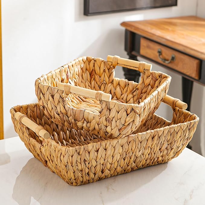 Woven Storage Baskets â Set of 2 Handwoven Water Hyacinth Wicker Baskets with Wooden Handles for Organizing, Decorative Baskets for Laundry Room, Home Decor - Large & Medium