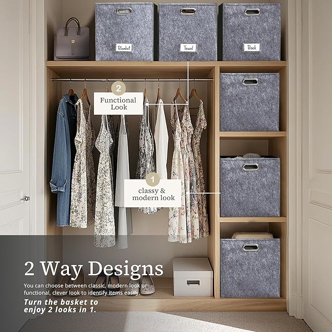 DECOMOMO Felt Storage Bins 13x15x13 Storage Cube Bins with Labels, Baskets for Organizing Shelves (Kallax / 3pcs, Dark Grey)