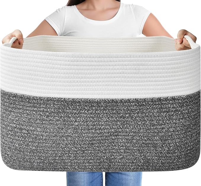 Large Blanket Basket, Rectangle Woven Baskets for Storage, Blanket Storage for Living Room, Cotton Rope Basket for Toys，Big Storage Basket for Blankets