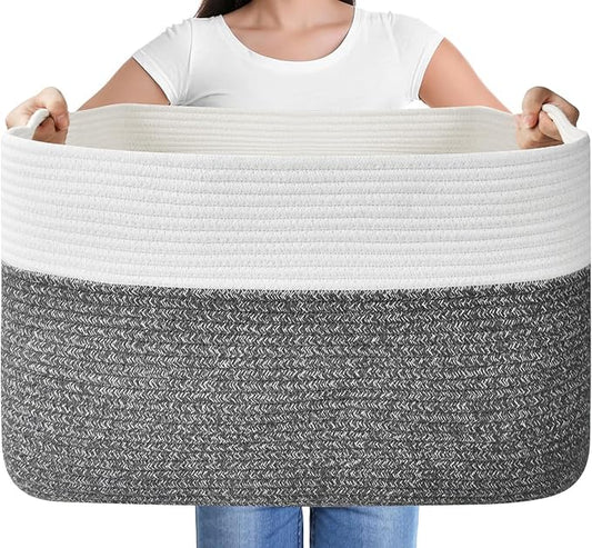 Large Blanket Basket, Rectangle Woven Baskets for Storage, Blanket Storage for Living Room, Cotton Rope Basket for Toys，Big Storage Basket for Blankets