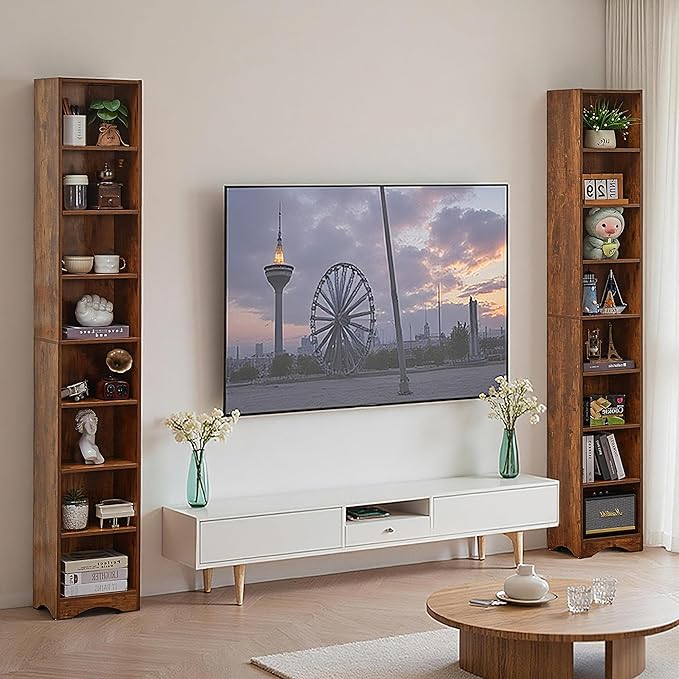VECELO Narrow Tall 71 inch Adjustable Bookshelf - Customizable Shelf Heights, Elevated Dust/Moisture-Proof Base, Rustic Wood Display Shelf for Living Room Bedroom Small Spaces-Brown