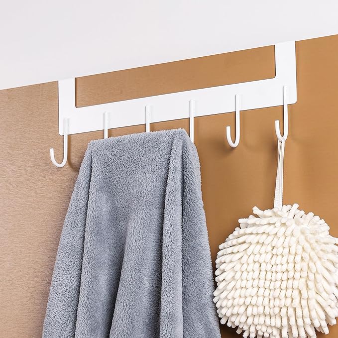 Over The Door Towel Rack, Over The Door Hooks,Heavy Duty Metal Over The Door Hanger, Door Hooks for Hanging Coat, Towel, Bag, Robe - 6 Hooks(Matte White 2Pcs)