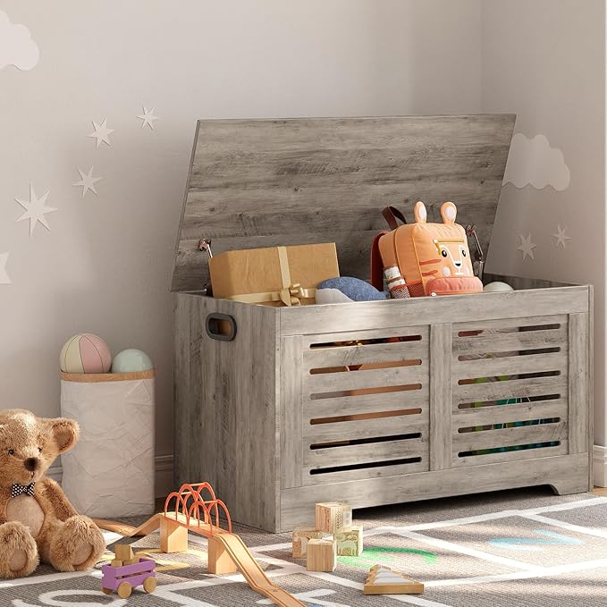 DINZI LVJ Storage Chest, 39.4âWooden Toy Box with 2 Safety Hinges, Retro Entryway Shoe Storage Bench with Flip-Top, Sturdy Large Storage Trunk for Living Room, Bedroom, Easy Assembly, Gray Wash