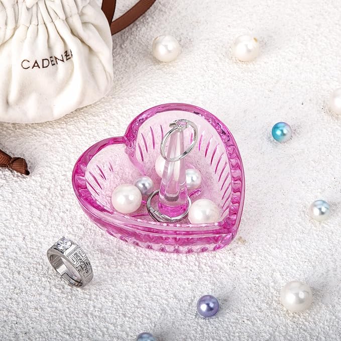 H&D HYALINE & DORA Crystal Heart Rings Holder for Jewelry Glass Ring Dish, Pink