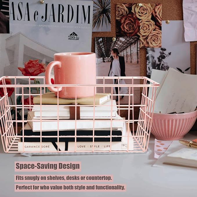 Metal Wire Storage Basket with Handles for Kitchen Food Pantry Papers Home Office Desk Bathroom Laundry Room Bedroom Bed Room Organizer, Rose Gold