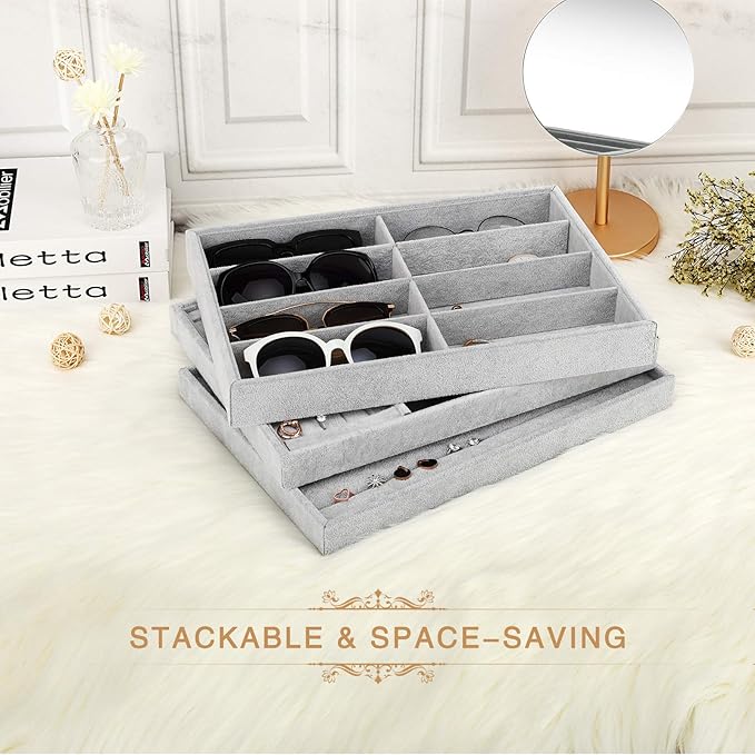 Emibele Sunglass Organizer Jewelry Tray, 8 Grids Velvet Tray Glasses Watch Storage Stackable Eyeglasses Jewelry Showcase Display Organizer Tray - Grey