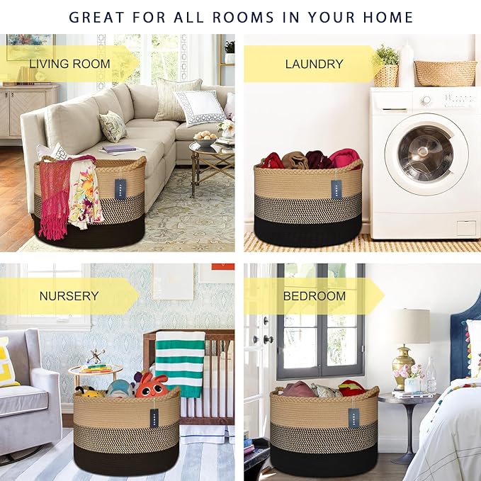 COMSE Extra Large Blanket Basket, Woven Laundry Basket, 21.7âx 13.8â, Nursery Hamper, Cotton Rope Laundry Hamper Living Room for Storage Toys Clothes Towels (Brown & Black)