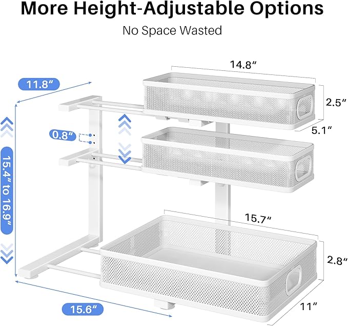 HERJOY Under Sink Organizer, 1-Pack 3-Tier Height Adjustable Thickened Metal Pull out Cabinet Organizer Shelf, Slide out Storage Drawer Rack for Bathroom Kitchen Pantry Home Laundry Organization