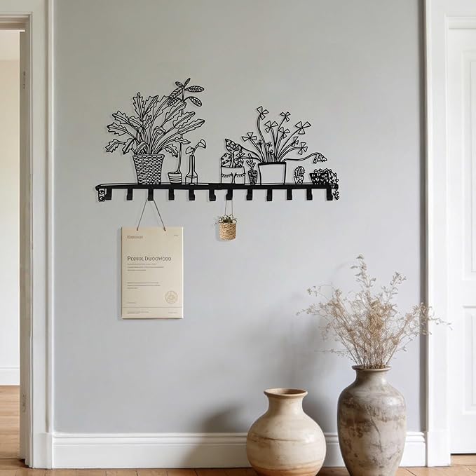 Black Large Metal Rack Wall Mount, Decorative Wall Hanger with 12 Hooks for Coat, Hat, Bag, Car Key, Unique Wall Hooks for Entryway, Front Door, Bathroom, Kitchen, Office, Home Organization