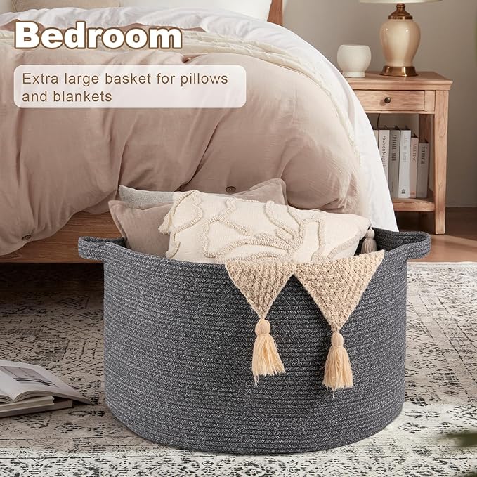 Large Woven Baskets for Storage, 23.6" x 23.6" x 14.6" Blanket Storage Living Room, Baby Toy Basket for Clothes, Pillows, Towels, Shoe Basket for Entryway (Dark Grey)