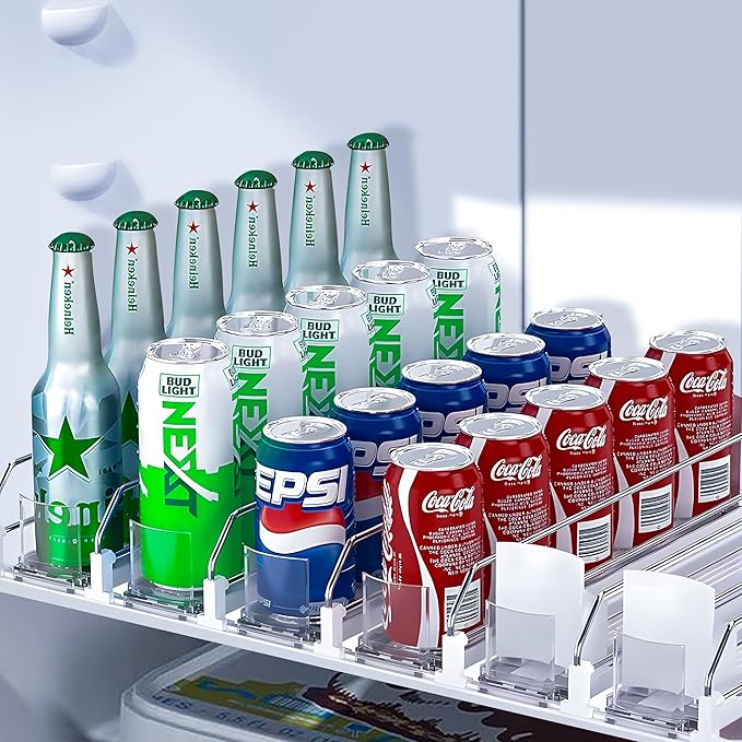 Drink Organizer for Fridge, Soda Can Organizer Dispenser for Refrigerator with Automatic Pusher Glide, Width Adjustable Clear Dividers Can Holder for 30 Cans, 15''D x19''W, 6 Rows