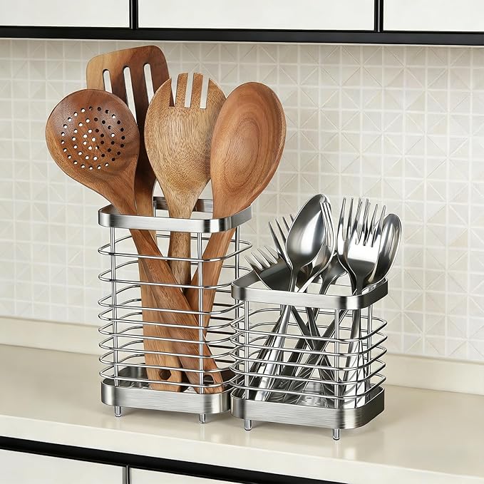 Utensil Holder, Stainless Steel Utensil Drying Rack for Kitchen Counter, Silverware Cutlery Flatware Holder Forks, Knives, Spoons, Chopsticks Organizer