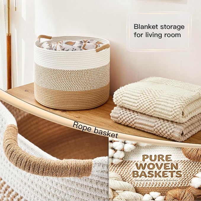 100L Large Cotton Rope Basket, Decorative Woven Blanket Storage for Living Room, Boho Toy Storage & Toy Box for Kids, Versatile Laundry Basket & Nursery Hamper for Blankets(Brown)