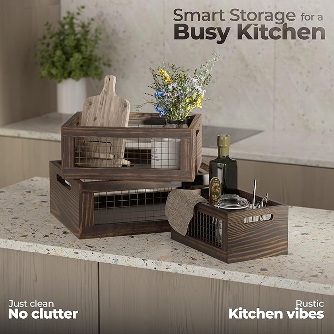 Set of 3 Extra Large Wooden Nesting Countertop Baskets, Rustic Wood Storage Organizer for Kitchen, Pantry or Bathroom – Fruit, Vegetables, Bread Crates with Handles (Largest 16")