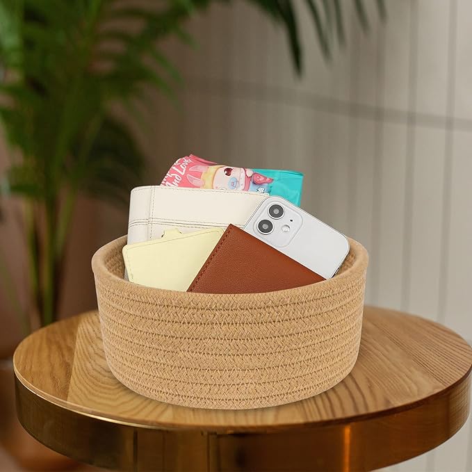 ABenkle Small Woven Basket, Empty Tiny Shallow Storage Basket, Mini Cotton Rope Baskets, Round Decorative Hamper, Basket Storage Bins for Toys, Spa, Socks, Nursery, Living Room- Brown