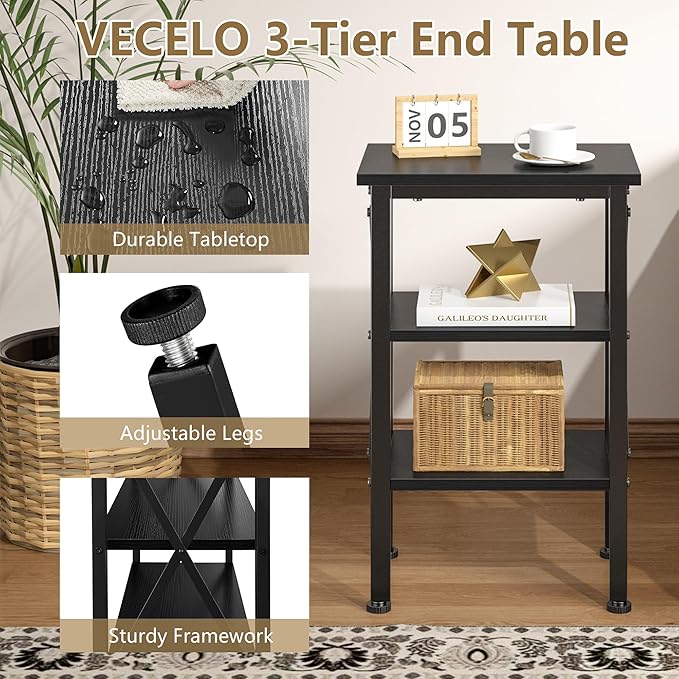VECELO End Table, 24" Tall Wood Living Room X-Design Reinforced Side Tables, Nightstands with 3-Tier Wood Storage Shelves for Small Spaces, Office, Bathroom, Bedroom, Classic Black, 2 Pack