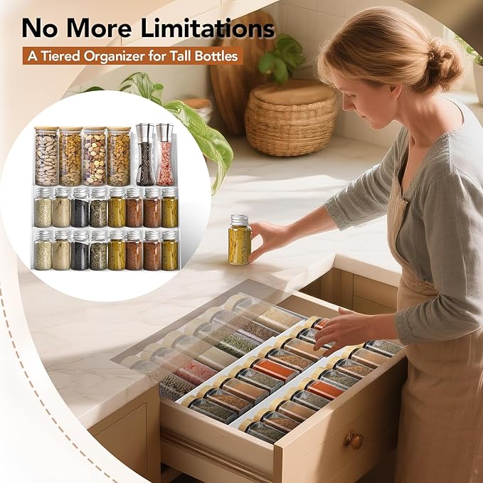 2-Pack Expandable Spice Drawer Organizer (11"-22"), 3-Tier Angled Seasoning Rack for Kitchen, Sturdy Vented Insert with Labels & Funnel, Fits Standard & Biger Spice Jars (Jars Not Included) WH