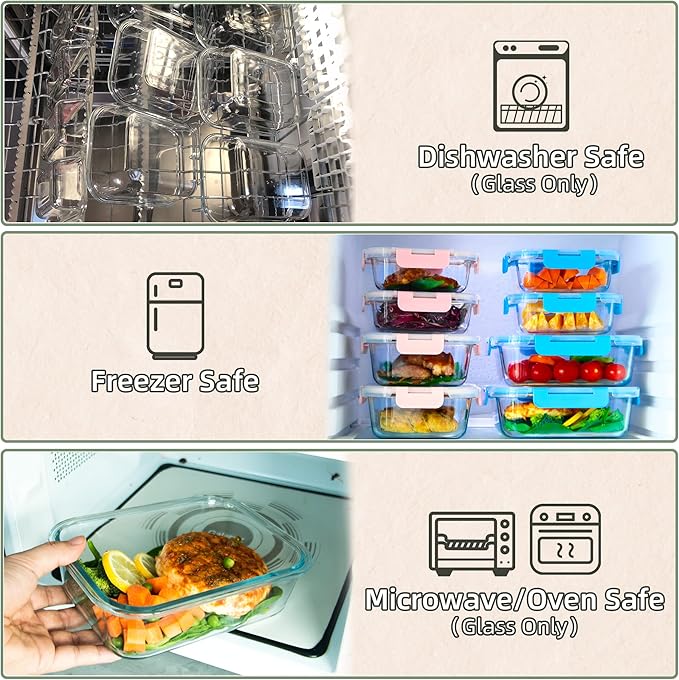 UMEIED 10 PACK Glass Food Storage Containers with Leak Proof Lids, Glass Airtight Meal Prep Containers Set for Lunch, On the Go, Leftover, Kitchen Pantry Organizers and Storage (Blue)