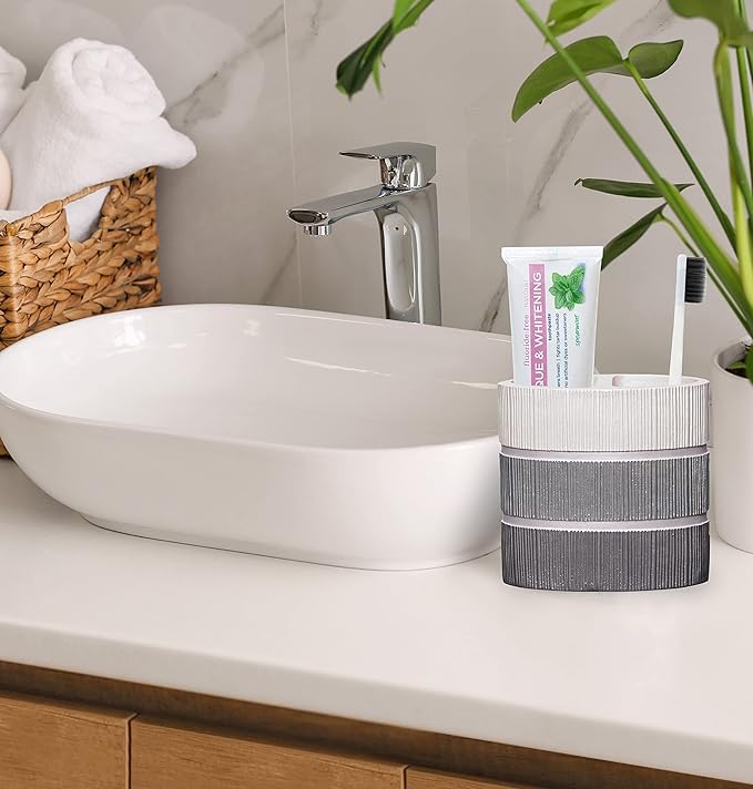 Zahari Home 4pc Modern Line Modern Bathroom Accessories Set Modern Soap Dispenser, Tumbler, Tooth Brush Holder and Dish Soap Holder Luxury Contemporary Grey Decor Unique Design Luxury Bath Set