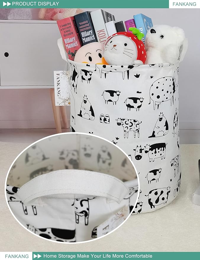 FANKANG Storage Basket, Nursery Hamper Canvas Laundry Basket Foldable with Waterproof PE Coating Large Storage Baskets for Kids Boys and Girls, Office, Bedroom, Clothes,Toysï¼Cowsï¼