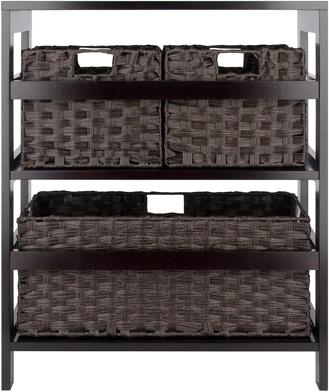 Winsome Leo 2-Tier Wide Storage Shelf with 3 Foldable Woven Baskets, for Living Room, Home Office, Bedroom, Espresso