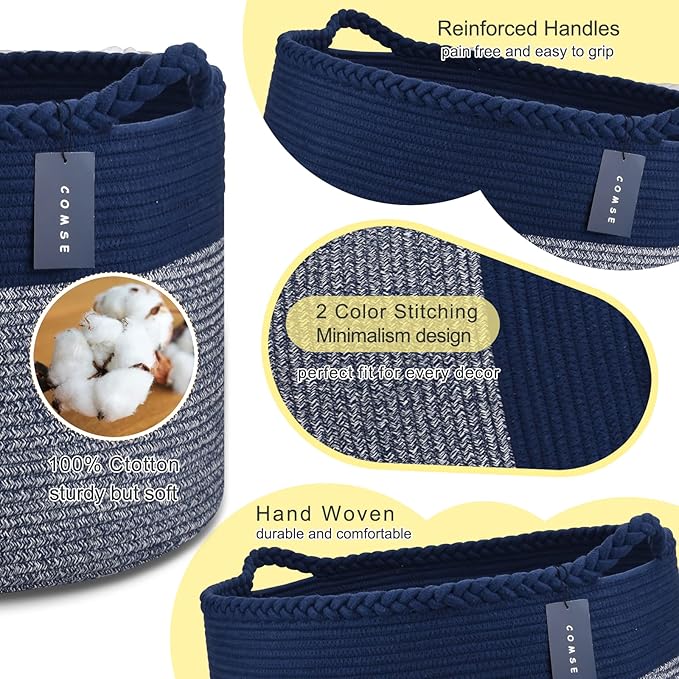 COMSE Extra Large Blanket Basket, Woven Laundry Basket, 21.7âx 13.8â, Nursery Hamper, Cotton Rope Laundry Hamper Living Room for Storage Toys Clothes Towels (Navy Blue)