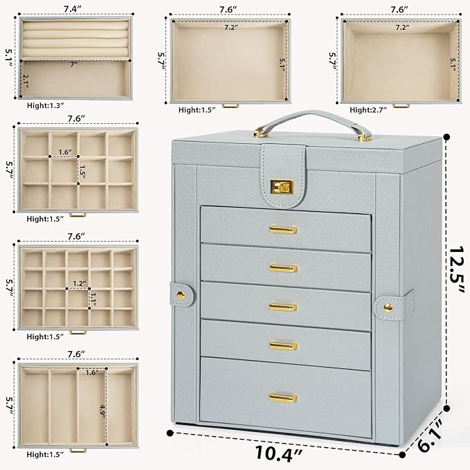 AKOZLIN Large Jewelry Box Organizer Functional with Big Mirror, Leather Jewelry Storage Case for Women Girls Ring Necklace Earring Bracelet Holder Organizer Grey
