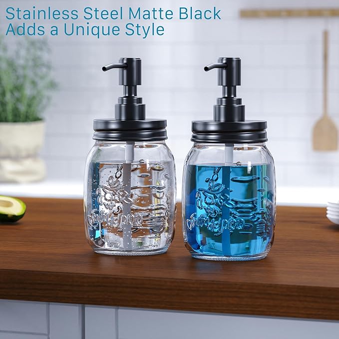 Mason Jar 16 oz Liquid Soap Dispensers Set with Large Kitchen Sink Caddy, Black Rustproof Stainless Steel Pump, Refill Hand Soap, Dish Soap, Vintage Farmhouse Decor for Bathroom, Kitchen