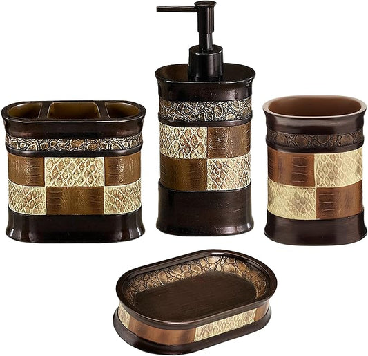 Zahari Home 4pc Zambia Stylish Bathroom Accessories Set Soap Pump, Tumbler, Tooth Brush Holder and Soap Dish Modern Classic Luxury Contemporary Decor Unique Design Animal Western Bath Set