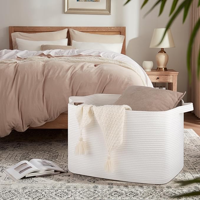 118L Extra Large Blanket Basket, 24.8"x17.7"x16.2" Woven Rope Baskets for Storage, Nursery Blanket Storage for Living Room, Toy Basket with Handle Organizing Comforter Cushions Pillows, White