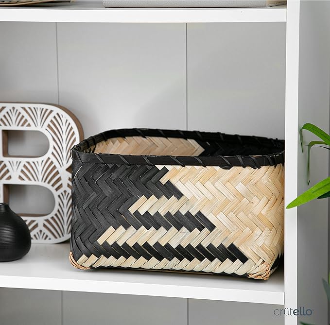 Crutello Woven Bamboo Storage Baskets, Set of 3 Black and Natural Pattern Bamboo Baskets for Storage, Organization Boho Basket, Farmhouse Basket Bins, Black Wicker Basket for Decor Living Room Pantry
